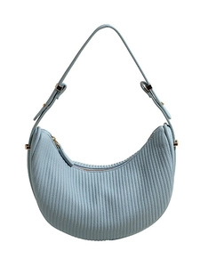 Sky blue pleated half moon shoulder bag with sleek curved design and gold hardware