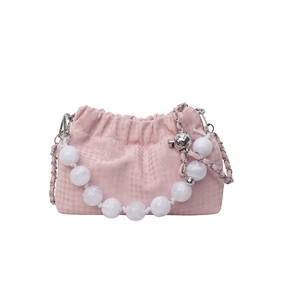 Pink houndstooth drawstring handbag with marble beaded chain and silver metal strap
