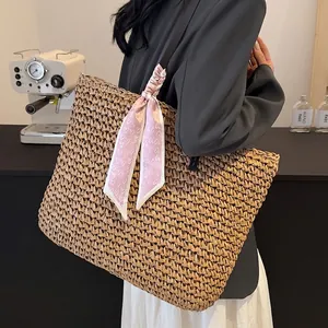 Large Capacity Straw Woven Tote Bag For Women Summer Beach Vacation Handbag With Heart Pattern Satin Scarf Decoration