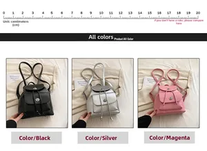Close-up of mini backpack details showing flip cover, drawstring, and front pocket design