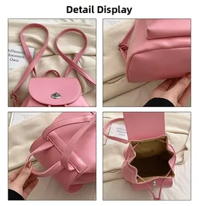 Detail view of pink PU leather backpack with magnetic clasp and drawstring closure