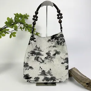 New Chinese Style Linen Tote Bag With Wooden Beads Vintage Ink Landscape Embroidery Shoulder Bag For Women Daily Match
