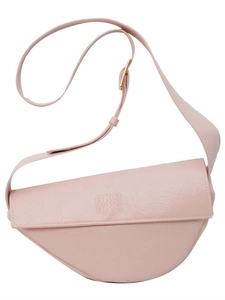 Pink pleated leather saddle bag with adjustable shoulder strap and gold buckle detail
