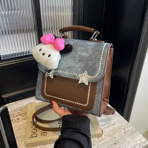 Women Vintage PU Leather Denim Stitching Backpack Fashion Star Buckle Crossbody Bag Multi-Way Handbag With Plush Charm