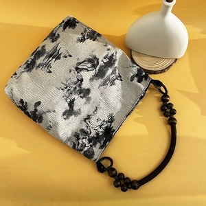 Moss green Chinese style tote bag with landscape ink painting and wooden bead handle