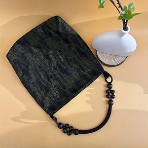 Moss green retro jacquard tote bag with beaded wooden handle and ethnic embroidery style