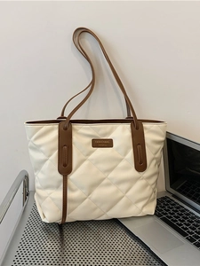 Women Fashion Quilted Rhombus Tote Bag Large Capacity PU Leather Commuter Shoulder Bag Urban Simple Ladies Handbag