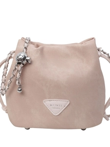 Minimalist beige drawstring bucket bag with silver chain strap and metal ball charm