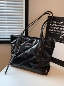 Chic black quilted tote bag in glossy PU leather with diamond pattern for daily commuting