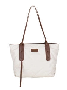 Large capacity quilted tote bag in cream white with brown leather straps and quilted pattern