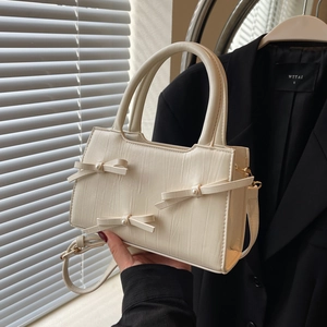 Women Sweet Bowknot Tote Bag Elegant Artificial Pearl Decor PU Leather Handheld Crossbody Shoulder Bag Small Square Bag For Daily Dating