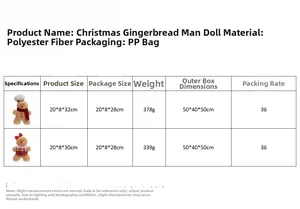 Detailed size specifications for Christmas gingerbread man plush toys wearing festive scarves