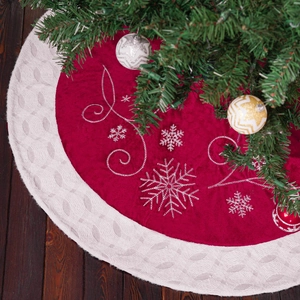 Jupe de Sapin de Noël en Velours Rouge Bordure Peluche Blanche Broderie Flocon de Neige Décoration de Fête