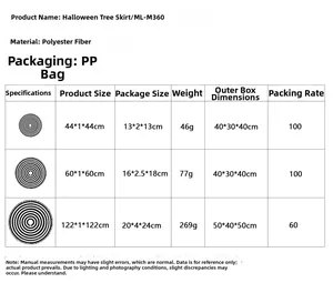 Size guide for Halloween tree skirt featuring three dimensions in polyester fabric