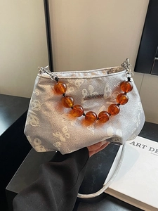New Chinese Style Beaded Handbag Women Butterfly Print Fabric Crossbody Bag With Amber Bead Handle Fashion Shoulder Bag