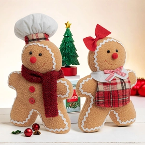 Pair of plush gingerbread man figurines with chef hat and scarf for Christmas decor