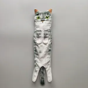 Asciugamano appeso a forma di gatto soriano grigio realistico in microfibra con occhi verdi