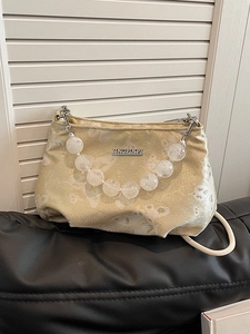 Beaded handle yellow tote bag with butterfly patterns and elegant metal chain strap
