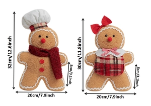 Detailed view of gingerbread plush toys with dimensions, showing textures and accessories