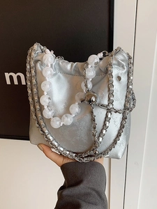 Neo-Chinese Style Women Bucket Bag PU Leather Drawstring Crossbody Bag With Beaded Chain Retro Floral Shoulder Bag For Daily Party
