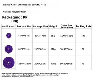 Size chart for purple sequin Christmas tree skirts showing dimensions and weights