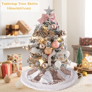 Detail view of a 16-inch sequin Christmas tree skirt with plush white faux fur trim