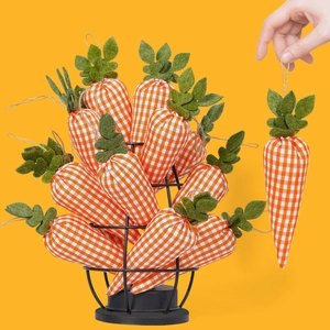 Easter plaid fabric carrot hanging ornaments with green leaves in a black metal basket