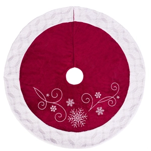Jupe de sapin de Noël rouge avec bordure en dentelle blanche et flocons brodés