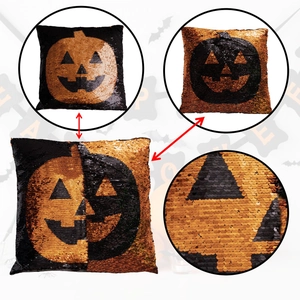 Detalle de lentejuelas reversibles oro y negro con cambio de patrón de calabaza Halloween