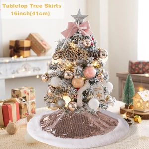 16-inch rose gold sequin Christmas tree skirt with plush white faux fur trim for decoration