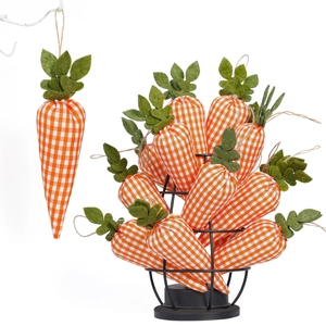 Detail view of plaid carrot ornaments with green felt leaves and hanging jute ropes
