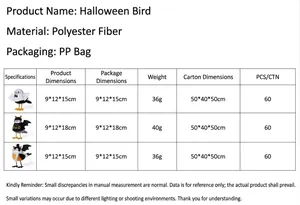 Tableau des tailles détaillé pour figurines d'oiseaux d'Halloween en fibre de polyester
