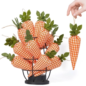 Easter plaid fabric carrot hanging ornaments with green felt leaves and rustic jute rope loop
