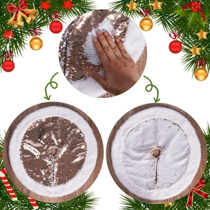 Detail of reversible sequins on Christmas tree skirt showing rose gold and silver colors