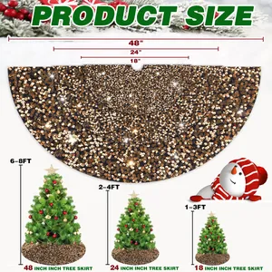 Size chart for gold sequin Christmas tree skirts showing 18, 24, and 48 inch diameter options