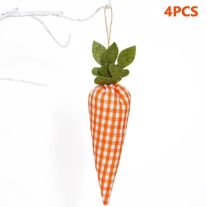 Detail view of 4-piece checkered Easter carrot ornaments with green felt leaves and jute rope
