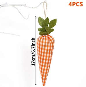 Set of 4 plaid Easter carrot hanging ornaments with green leaves for festive home decor