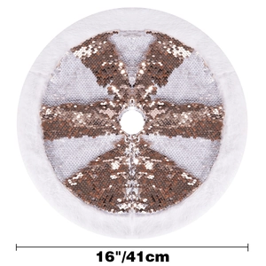 Detail of 16-inch Christmas tree skirt featuring silver and rose gold sequins and faux fur