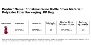 Size guide for Christmas wine bottle covers featuring polyester fabric specifications