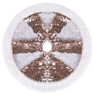 Sequin Christmas tree skirt with white faux fur trim and rose gold silver patterns