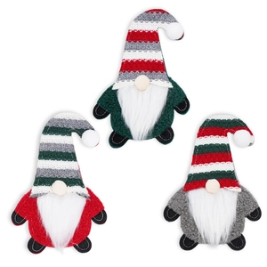 Tres fundas para cubiertos de gnomo navideño con gorros a rayas para decorar la mesa