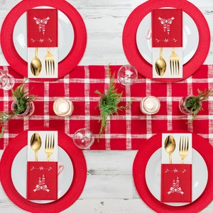 Lot de 4 range-couverts de Noël en feutre rouge avec broderie de bougies sur bois