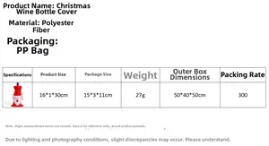 Size chart showing 16x30cm Christmas Santa wine bottle cover made of soft polyester