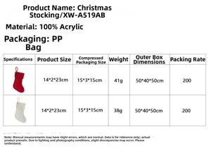 Detailed size specifications table for knitted Christmas stockings in red and white