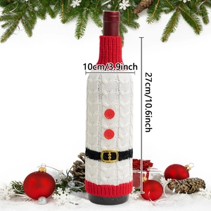 Detailed knit wine bottle cover with size 27x10cm showing Santa belt and cable knit texture