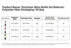 Size chart showing dimensions and materials for Christmas Rudolph wine bottle covers