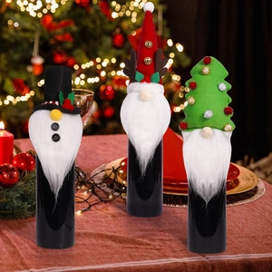 Three-piece set of Rudolph Christmas wine bottle covers with gnome and reindeer designs