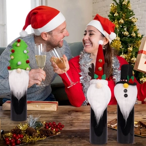 Three-piece set of festive gnome wine bottle covers with bells and long white beards