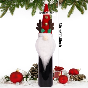 Detailed view of Christmas gnome wine bottle cover with reindeer antlers and white beard