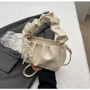 2024 Trendy ruched PU crossbody bag in beige with pearl bow and heart charm decoration